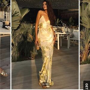 Zara Metallic Print V-Neck Backless Slip Long Dress size medium